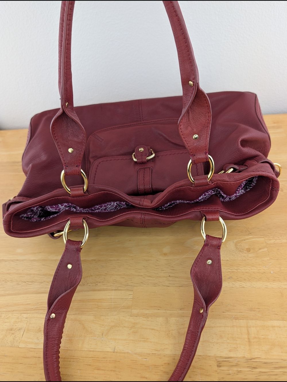 Sigrid Olsen Red Pebbled Leather Satchel Shoulder Bag Gold Stud Hardware Detail - Picture 7 of 16